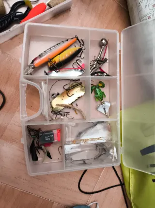 Cañas de pesca con señuelos y accesorios