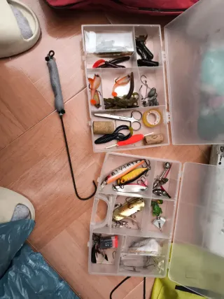 Cañas de pesca con señuelos y accesorios