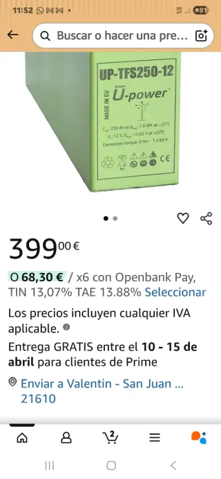 Batería Upower UP-TFS250-12V2 12V 250Ah