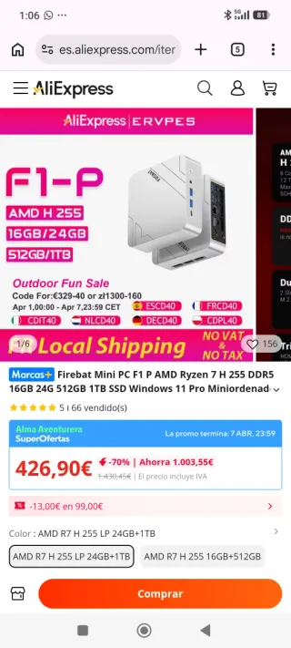 Mini PC Firebat Ryzen 7 255H 24GB RAM 1Tb SSD