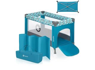 Cuna de viaje Lionelo azul turquesa. Un solo uso.