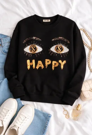 Felpa SHOP Art nera con paillettes occhi
