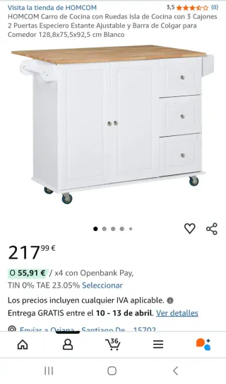 HOMCOM Carro de Cocina con Ruedas Isla de Cocina.