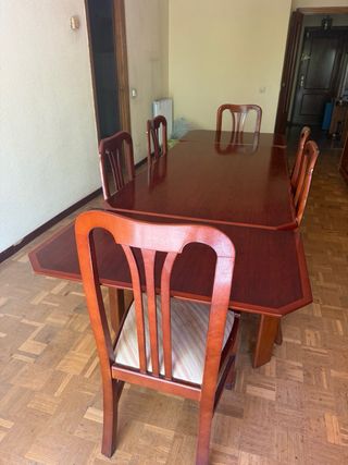 Mesa comedor extensible + 6 sillas madera oscura