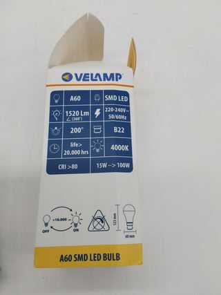 Lampadina LED SMD Velamp, A60 Drop, 15W / 1520lm, base B22 (Francia), 4000K