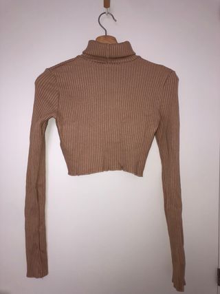 Bershka Camiseta Manga Larga Cuello Alto Beige