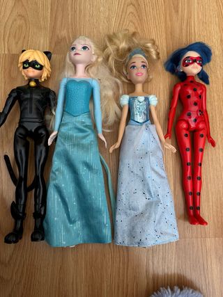 Muñecos Cat Noir, Elsa, Cenicienta y Ladybug