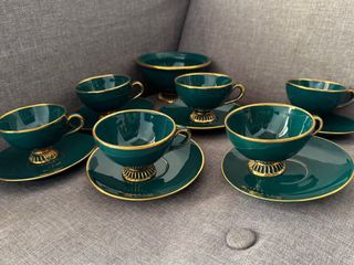 Set Tazas y Azucarero Verde Azulado Dorado