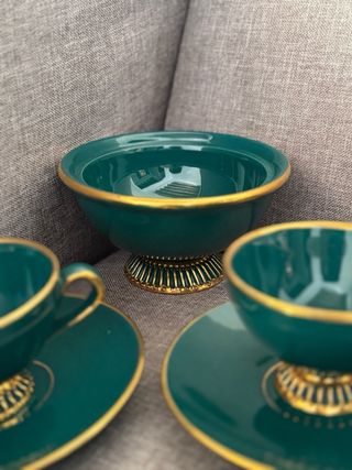 Set Tazas y Azucarero Verde Azulado Dorado