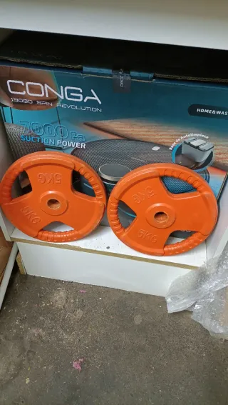 2 Discos de Pesas 5kg Naranja +barra de 10kg