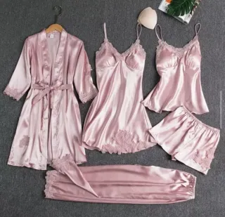 Conjunto Pijama Satén Azul 5 Piezas Talla: todas