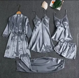 Conjunto Pijama Satén Azul 5 Piezas Talla: todas