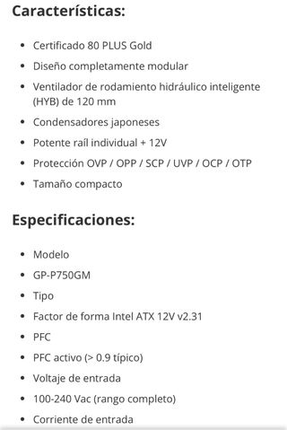Fuente Alimentación Gigabyte 750W 80 Plus Gold