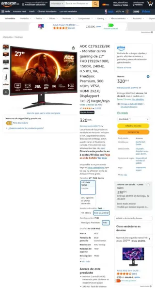 Monitor Gaming AOC C27G2ZE/BK Curvo 27 FHD