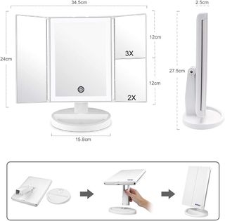 WEILY - Specchio per trucco con illuminazione LED e schermo touch, ingrandimento 1X/2X/3X, rotazione regolabile a 180°, specchio da appoggio, con batteria e alimentazione USB (bianco) LPNWE341537058 - DER.258
