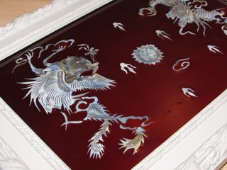 Panel dragón gallo Yin Yang madera nácar chino