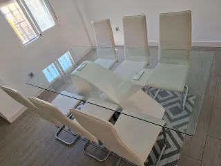 Mesa comedor grande cristal templado + base diseño
