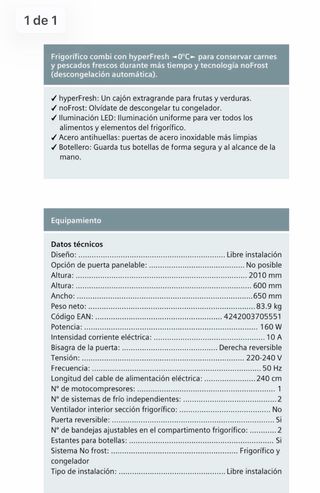 Frigorífico Combi Siemens No frost