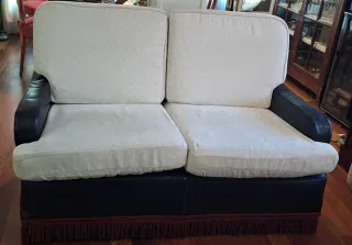 Sofá antiguo cuero y tela beige/negro