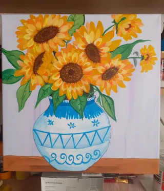 Cuadro de girasoles en jarrón azul