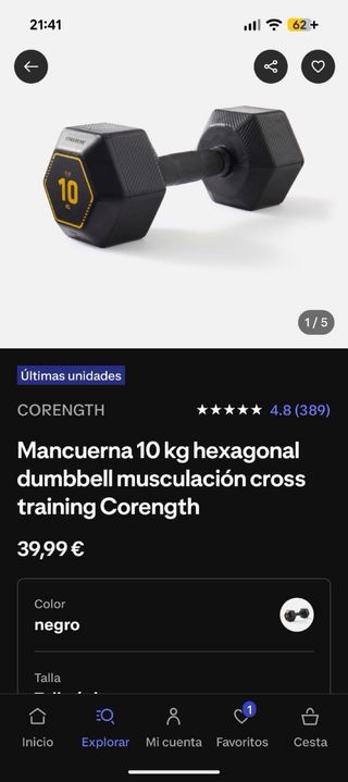 1 Mancuerna 10kg Decathlon, 2 mancuernas 60€