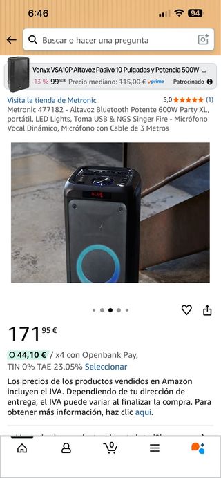 Altavoz Metronic 600W Bluetooth Party XL LED