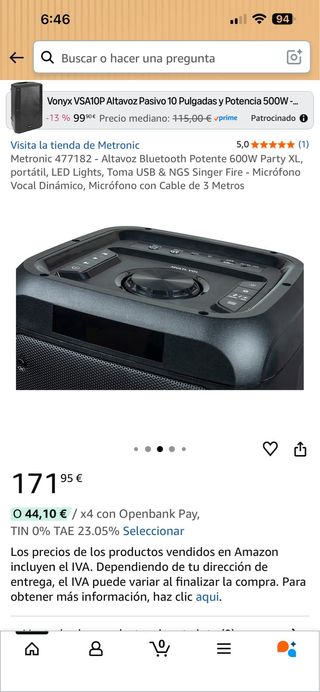 Altavoz Metronic 600W Bluetooth Party XL LED