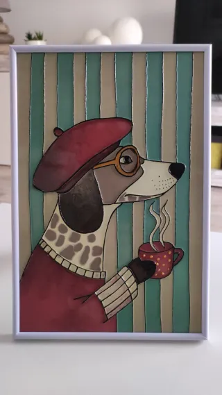 Cuadro de vidrio con perro y taza
