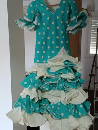 Traje Flamenca Niña Turquesa Lunares Talla 8 a 10