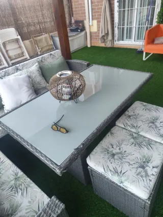 Conjunto Muebles Jardín Ratán Gris y Verde