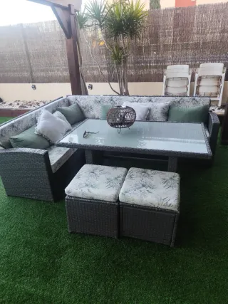 Conjunto Muebles Jardín Ratán Gris y Verde