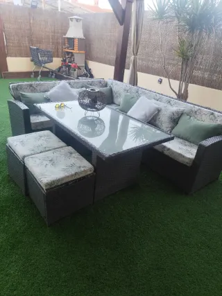 Conjunto Muebles Jardín Ratán Gris y Verde