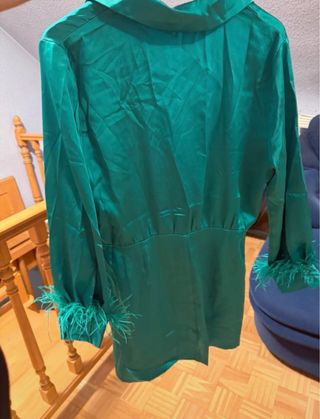 Vestido satinado verde con plumas