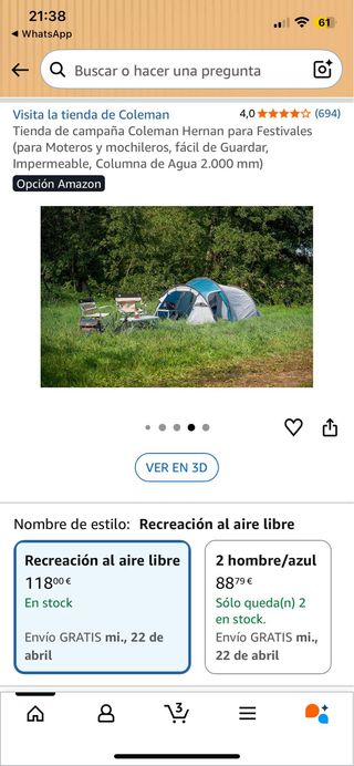 Tienda de campaña Coleman Cortes 3