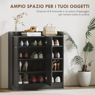 Zapatero di Ingresso con 4 Ripiani Aperti, Armadio Multiuso con 2 Ante e Ripiani Regolabili, Porta Scarpe Salvaspazio per 12 Paia, 83X30X90 Cm, Nero