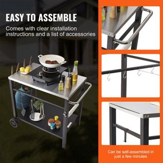 Carrito de Comedor para Parrilla al Aire Libre con Doble Estante, Mesa de Preparación de Comida Móvil para BBQ, Mesa Superior de Acero Inoxidable Multifuncional, Carritos Modulares Portátiles para...