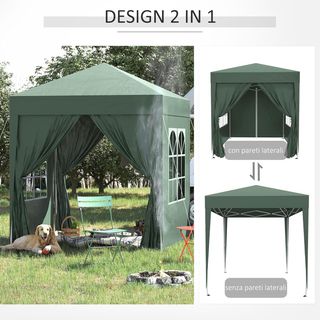 Gazebo 2x2 m Pop-Up Impermeabile con 4 Pareti Rimovibili, Gazebo Pieghevole in Metallo e Poliestere con Borsa di Trasporto, Verde