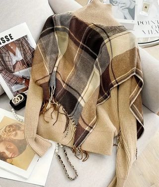 Jersey cárdigan cuadros beige y marrón