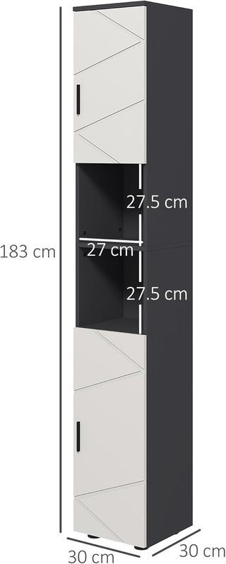 Columna de Baño en Aglomerado Con 2 Estantes Abiertos Y 2 Armarios de 2 Niveles Regulables, 30X30X183 Cm, Gris Claro Y Gris Oscuro