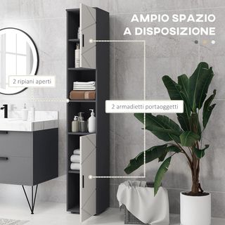 Columna de Baño en Aglomerado Con 2 Estantes Abiertos Y 2 Armarios de 2 Niveles Regulables, 30X30X183 Cm, Gris Claro Y Gris Oscuro