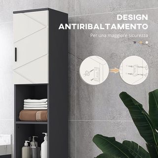 Columna de Baño en Aglomerado Con 2 Estantes Abiertos Y 2 Armarios de 2 Niveles Regulables, 30X30X183 Cm, Gris Claro Y Gris Oscuro