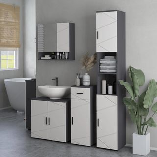 Columna de Baño en Aglomerado Con 2 Estantes Abiertos Y 2 Armarios de 2 Niveles Regulables, 30X30X183 Cm, Gris Claro Y Gris Oscuro