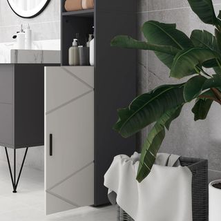 Columna de Baño en Aglomerado Con 2 Estantes Abiertos Y 2 Armarios de 2 Niveles Regulables, 30X30X183 Cm, Gris Claro Y Gris Oscuro