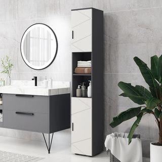 Columna de Baño en Aglomerado Con 2 Estantes Abiertos Y 2 Armarios de 2 Niveles Regulables, 30X30X183 Cm, Gris Claro Y Gris Oscuro