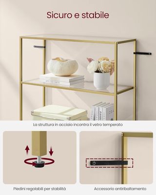 Estante de Vidrio de 6 Estantes, Librería, Organizador de Objetos, Vidrio Templado, Fácil de Montar, para Baño, Sala de Estar, Dormitorio, Estudio, Color Dorado LGT503A01