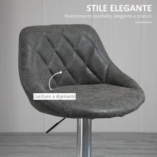Set di 2 Sgabelli da Bar con Altezza Regolabile, Base in Metallo e Sedile in Pelle Sintetica, Sgabelli Alti Moderni Girevoli con Schienale e Poggiapiedi 46X48X83-104Cm, Grigio Scuro e Argento