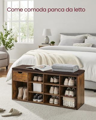 Banco Zapatero, Banco Contenedor Con Cajón Y Compartimentos Abiertos, Estante Para Zapatos, Asiento Acolchado, Entrada Dormitorio, 30 X 104 X 48 Cm, Marrón Vintage Y Marrón LHS024T01