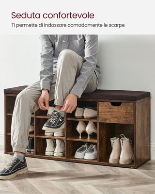Banco Zapatero, Banco Contenedor Con Cajón Y Compartimentos Abiertos, Estante Para Zapatos, Asiento Acolchado, Entrada Dormitorio, 30 X 104 X 48 Cm, Marrón Vintage Y Marrón LHS024T01