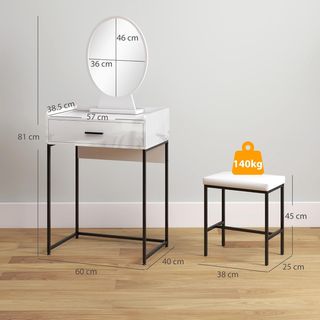 Estación de Maquillaje con Espejo Plegable, Taburete Acolchado y Cajón, Tocador de Maquillaje en MDF y Taburete con Cojín para Dormitorio, Blanco