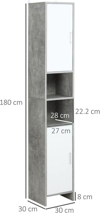 Columna de Baño Con 2 Armarios Y 2 Compartimentos Abiertos, Mueble Ahorrador de Espacio Alto en Madera Efecto Cemento, 30X30X180Cm, Gris
